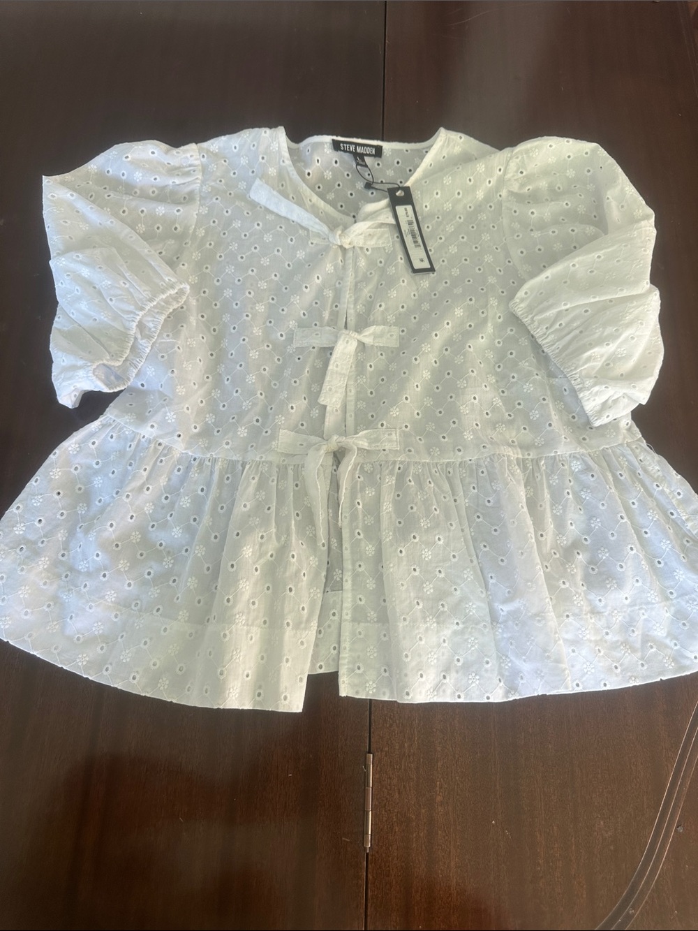 Steve Madden White Eyelet Peplum Tie-Front Blouse